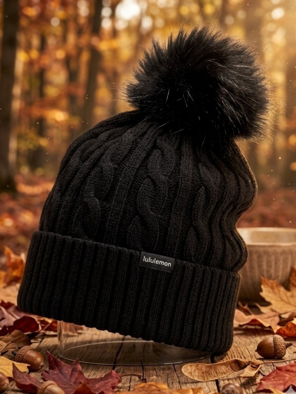 Lululemon Black Cable-Knit Pom Pom Beanie Touque Hat
